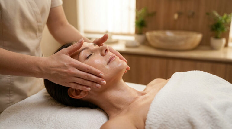 Une esthéticienne effectue un massage du visage Kobido relaxant sur une femme allongée dans un institut à Paris 17.